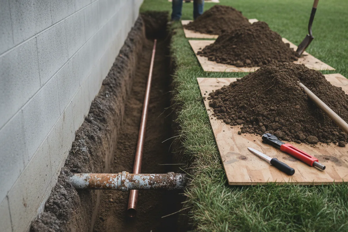 Excavated water line trench during Water Heater Repair in Oregon City